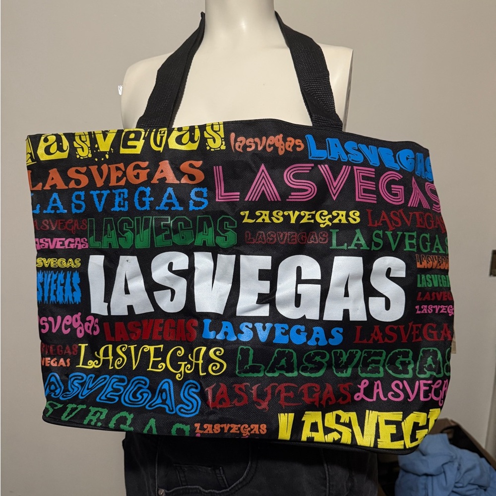 Multicolor Las Vegas Text Tote Bag with Zipper and small inside pocket.